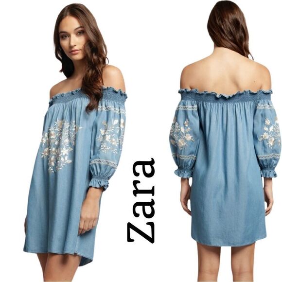 Zara Dresses & Skirts - ZARA Womens Premium Denim Embroidered Off
The Shoulder Floral Dress Sz S EUC